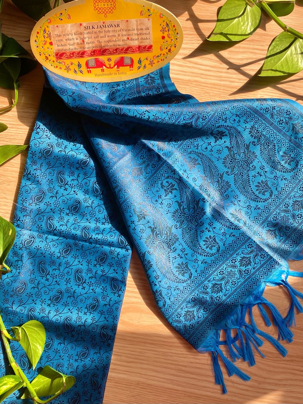 Blue Silk Jawamar Pashmina Stole Jaal Floral Teal Paisley Scarf Handmade Indian